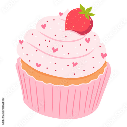 Strawberry Cupcake with Hearts Sprinkles. Vector Flat Illustration