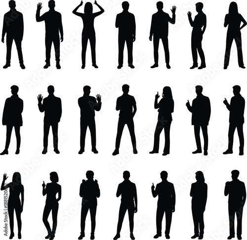 People silhouettes hand gestures collection, men and women standing poses isolated vector illustration set