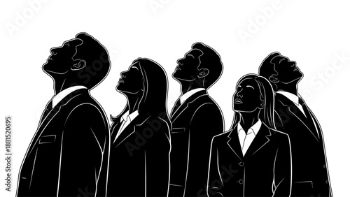 Silhouettes of business people looking up towards a common goal or future opportunity.