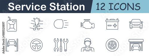 Service station set icon. Fuel, crack, headlight, engine, battery, car, lift, steering, wrench, mechanic, tire, carport.