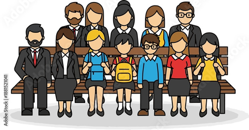 A diverse group of adults and children sitting together on a long wooden bench in a flat vector illustration.