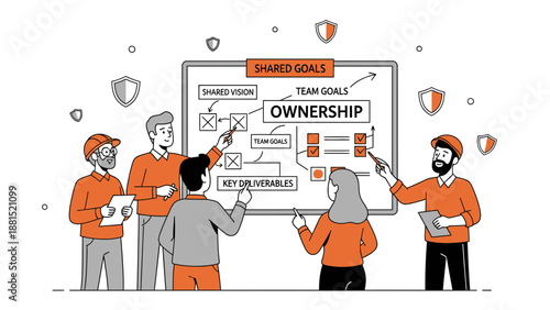 Teamwork and Ownership: Business Strategy Meeting with Whiteboard Plan