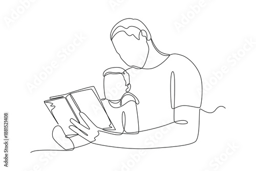 Man Reading With Child. Real life story telling Concept. Single line draw design Video 4k. Footage graphic illustration