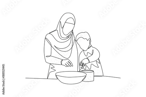 Parent Child Cooking. Real life story telling Concept. Single line draw design Video 4k. Footage graphic illustration