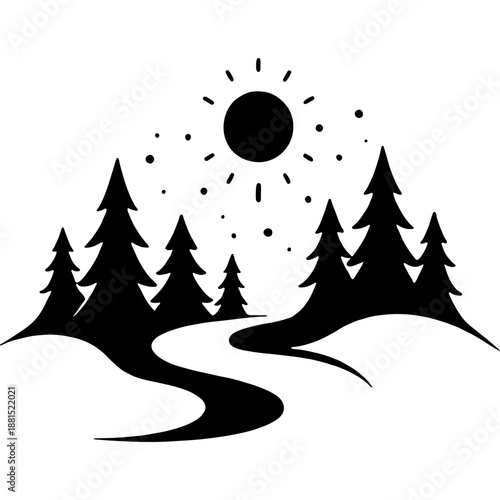 Forest path in a spruce forest on a sunny hot day. Engraving minimalistic vector in black ink drawing on transparent background