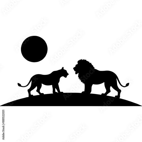 Female and male African lion. Engraving minimalistic vector in black ink drawing on transparent background