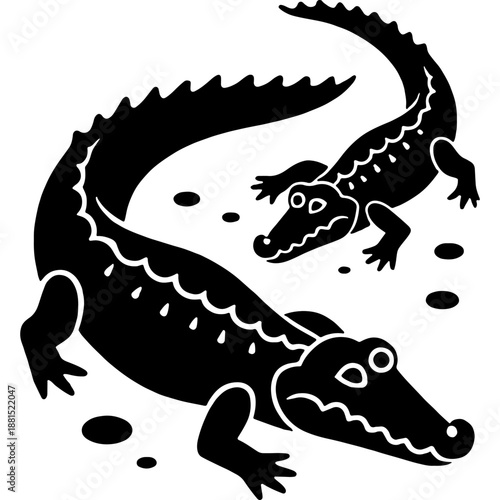Mother crocodile and baby alligator. Engraving minimalistic vector in black ink drawing on transparent background