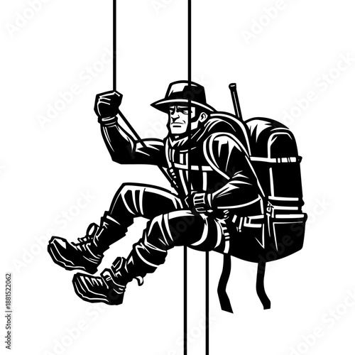 Sketchy sport emblem of experienced climber descends on ropes from top of mountain with a huge backpack in monochrome. Engraving minimalistic vector in black ink drawing on transparent background