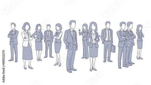 A diverse group of professional business people, including men and women, standing together in a corporate setting, depicted in a minimalist line art style.