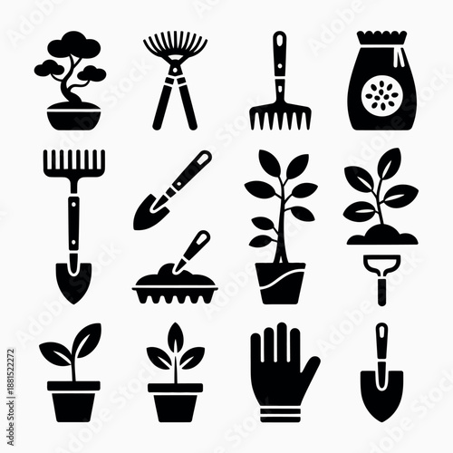 Gardening tools and plants icons set