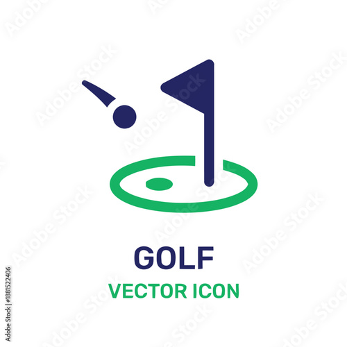 Golf ball approaching hole marked with flag on green course vector icon