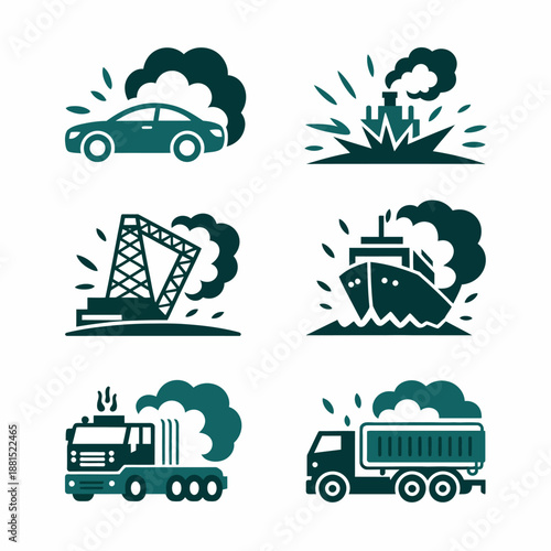 Various modes of transportation and industrial activities causing pollution
