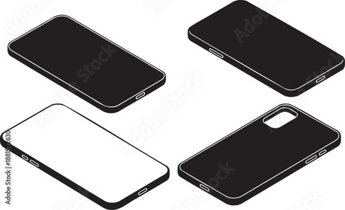 Four isometric smartphone mockups presenting front and back views for versatile design