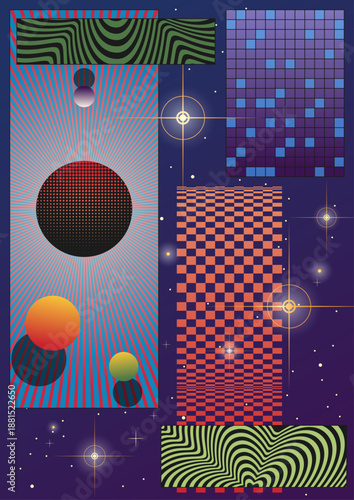 1980s Posters Style Illustration. Retro Party Placards Background, 1980s Colors and Shapes, Vintage Graphic Design 