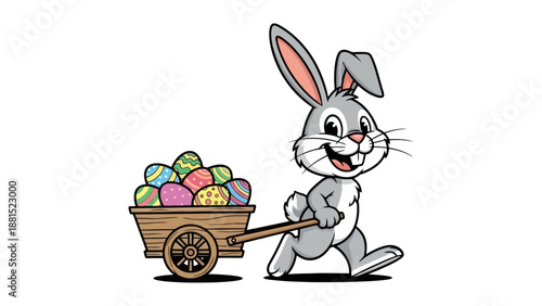 A happy cartoon Easter bunny is pulling a wooden cart filled with colorful decorated Easter eggs.