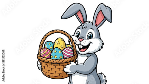 A cartoon Easter bunny holding a basket full of colorful decorated eggs.