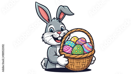A cheerful cartoon Easter bunny holding a basket full of colorful decorated eggs.