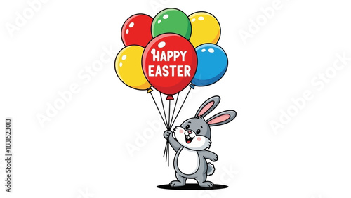 A cute cartoon bunny holding a bunch of colorful balloons, one of which says "Happy Easter".
