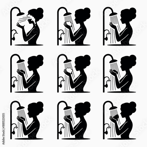 Woman taking shower silhouette illustration set