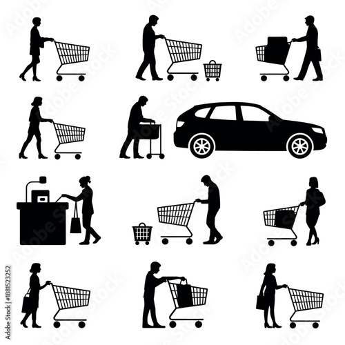 People shopping with trolley silhouette illustration