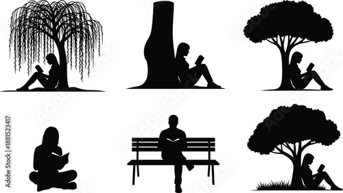 Silhouette people reading books under trees and on bench illustration set for study learning nature vector black white minimal designSilhouette people reading 