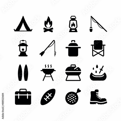 Camping essentials icons set for outdoor adventure