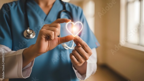 Healthcare professional in blue scrubs holding a glowing heart symbol representing compassionate patient care and cardiology health. Healthcare day