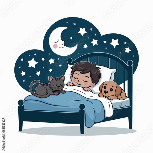 Child sleeping peacefully with cat and dog under starry night sky