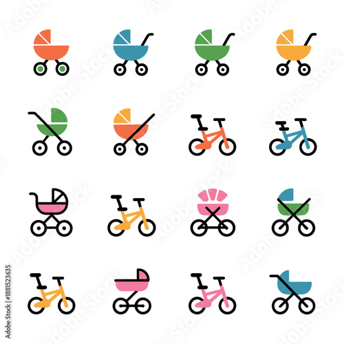 Colorful baby stroller and bicycle icons set