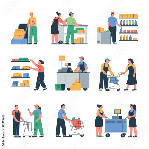 Warehouse workers engaged in various tasks