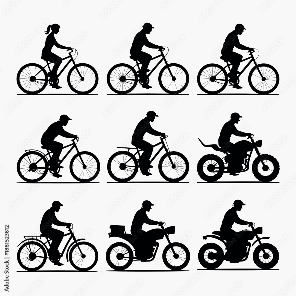 Obraz premium Different people riding various types of bicycles and motorcycles