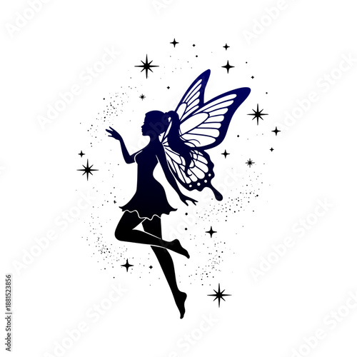 Magical fairy silhouette flying with butterfly wings and sparkling stardust