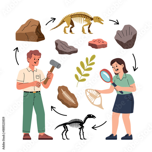 Paleontologists uncovering dinosaur fossils through excavation and research