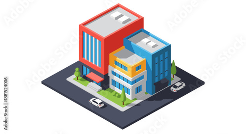 Colorful commercial structures in an isometric vector design forming a modern downtown city block with roads and vehicles, illustrating the concept of urban development and commercial real