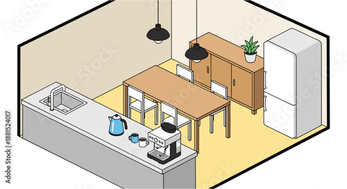 Modern minimalist kitchen illustration showing an isometric floor plan view, depicting essential appliances, a dining table, and counter space, illustrating the concept of efficient home