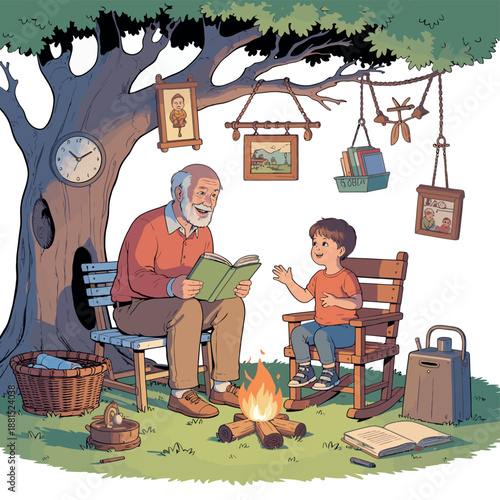 Grandfather reading story to grandson under tree