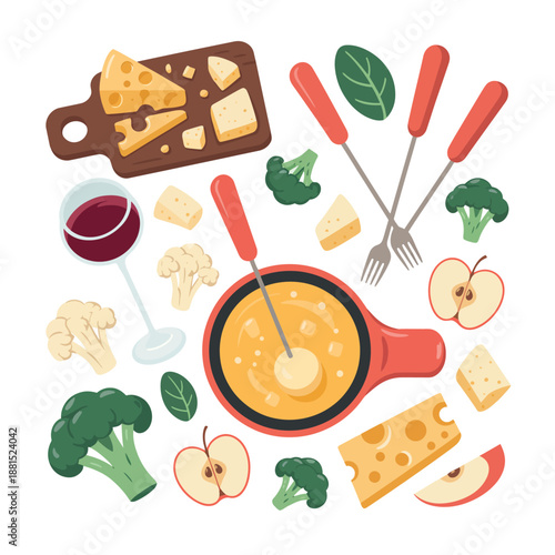 Delicious cheese fondue with fresh fruits and vegetables