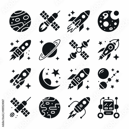Space icons set with planets and spacecraft