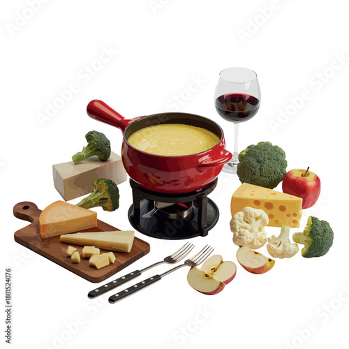 Delicious cheese fondue setup with wine and fresh vegetables