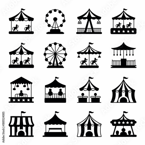 Collection of different carnival and fair icons in black and white