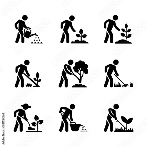Gardening activities illustrated with simple icons