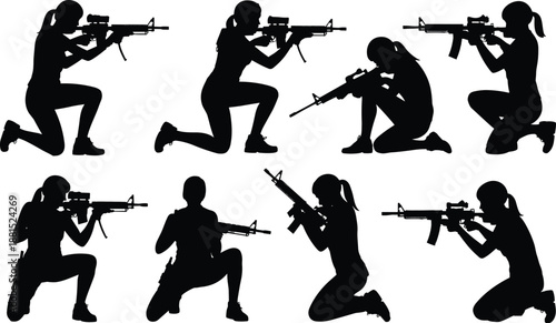 Female soldier silhouette aiming assault rifle kneeling combat poses military woman tactical shooting vector isolated on white background