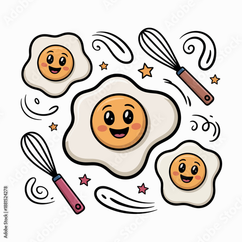 Happy fried eggs with smiling faces and whisks