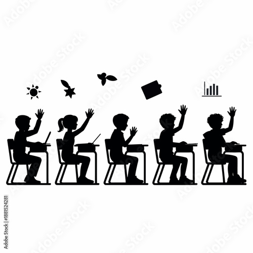 Students raising hands in classroom with various symbols