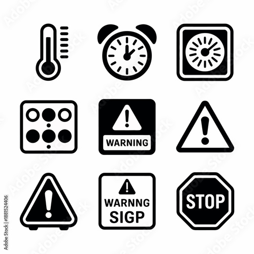 Collection of warning signs and symbols for safety and caution