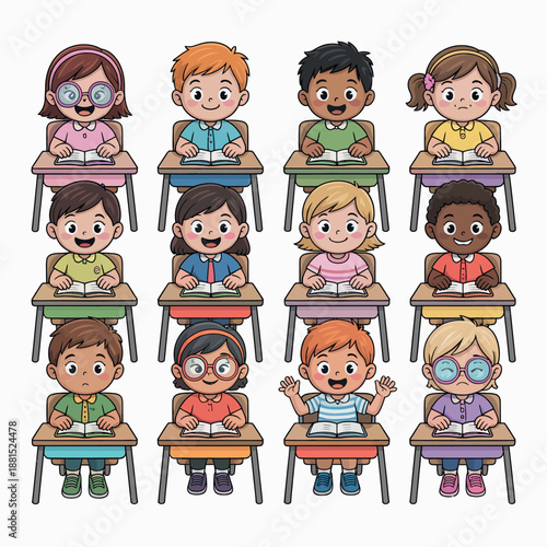 Group of children sitting at school desks with books