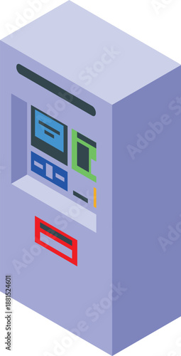 Atm cash machine dispensing money from slot and showing displaying screen in isometric view
