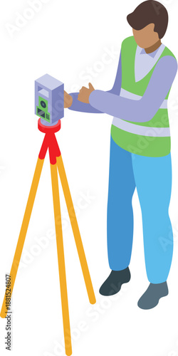Surveyor adjusting theodolite on tripod, performing land surveying and precise measurement for construction or mapping projects