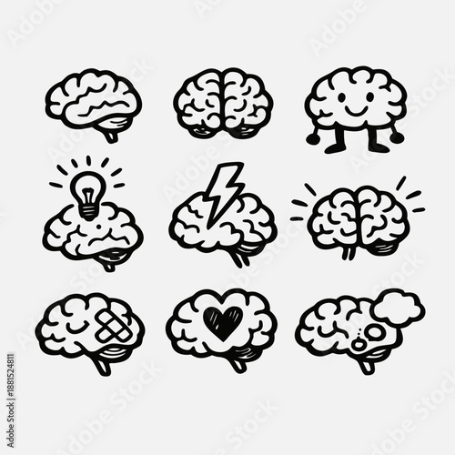 Hand Drawn Brain Icons Set – Creativity, Thinking and Intelligence Doodle Collection