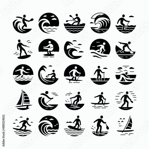 Collection of water sports icons featuring surfers and paddleboarders